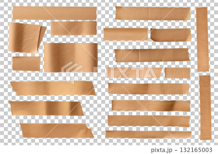 Stripes of brown textured adhesive kraft paper tape on transparent background cutout, PNG file. Mockup template for artwork design. Many different size and length 132165003