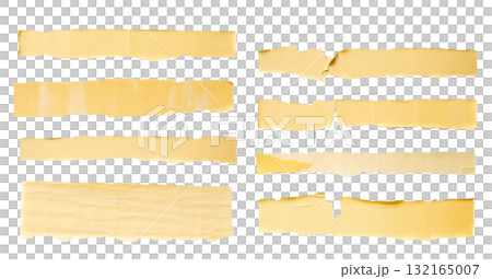 Stripes of light ripped yellow textured adhesive kraft paper masking tape on transparent background cutout, PNG file. Mockup template for artwork design. Many different size and length 132165007