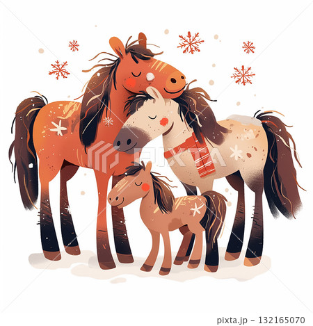Family of cartoon horses enjoy a winter day with snowflakes falling in a cheerful scene Family of cartoon horses enjoy a winter day with snowflakes falling in a cheerful scene 132165070