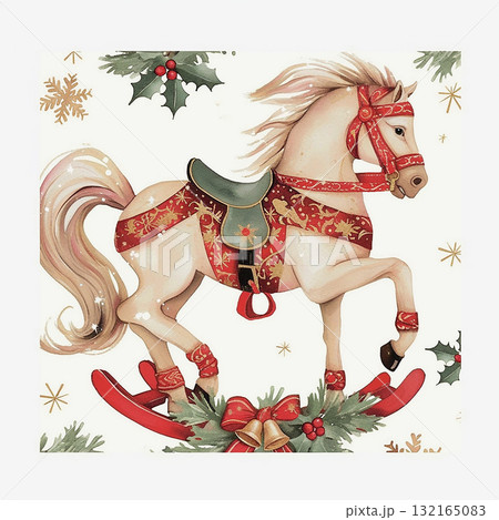 Decorative rocking horse with festive colors and holiday elements for seasonal celebrations 132165083