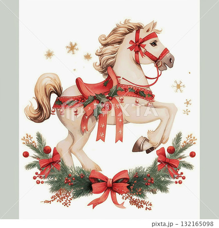 Festive white pony with red ornaments and decorations for holiday celebrations 132165098