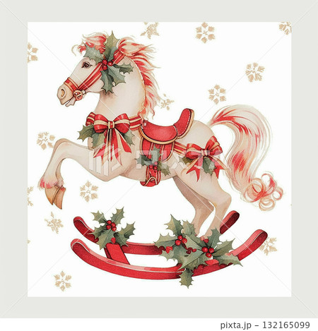 Decorative rocking horse with festive ribbons and holly, perfect for holiday celebrations Decorative rocking horse with festive ribbons and holly, perfect for holiday celebrations 132165099