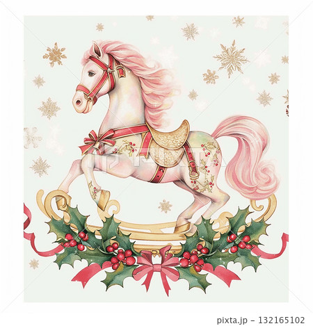 Vintage rocking horse decoration with winter theme and festive details for holiday celebrations Vintage rocking horse decoration with winter theme and festive details for holiday celebrations 132165102