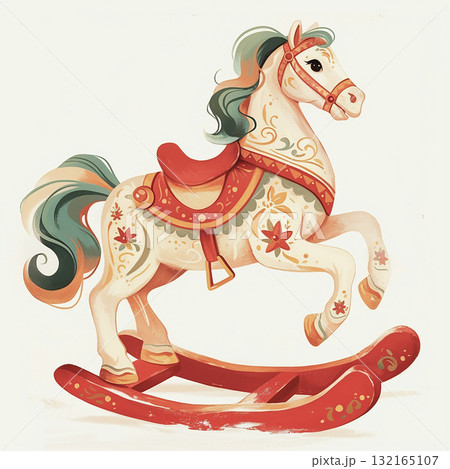 Colorful wooden rocking horse with intricate designs perfect for children's room decoration 132165107