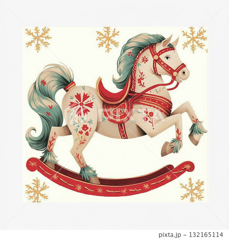 Vintage rocking horse with festive decorations in a cheerful winter setting 132165114