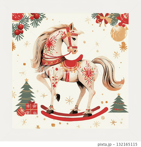 Colorful rocking horse decoration features intricate designs for festive holidays and celebration Colorful rocking horse decoration features intricate designs for festive holidays and celebration 132165115