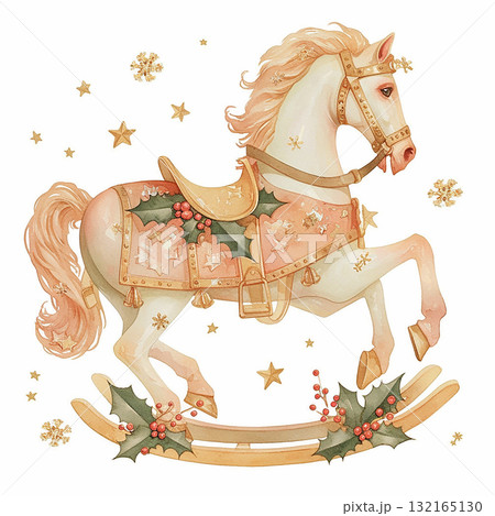Decorative rocking horse against a festive background featuring gold stars and holly leaves Decorative rocking horse against a festive background featuring gold stars and holly leaves 132165130