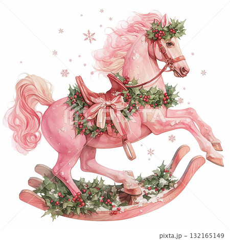 Festive pink rocking horse with greenery and snowflakes in a cheerful holiday setting 132165149