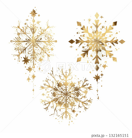 Golden snowflakes with intricate designs create a festive and elegant atmosphere for winter celebrations and holidays Golden snowflakes with intricate designs create a festive and elegant atmosphere for winter celebrations and holidays 132165151
