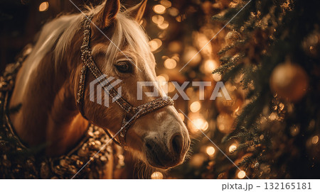 Horse adorned with festive decorations in a cozy, illuminated setting during the holiday season Horse adorned with festive decorations in a cozy, illuminated setting during the holiday season 132165181