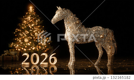 Decorative horse sculpture with glowing 2026 and Christmas tree in the background creating a festive atmosphere Decorative horse sculpture with glowing 2026 and Christmas tree in the background creating a festive atmosphere 132165182
