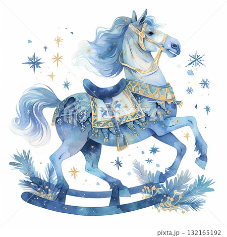 Beautiful rocking horse illustration in blue tones with winter decorations and sparkles depicting a charming scene Beautiful rocking horse illustration in blue tones with winter decorations and sparkles depicting a charming scene 132165192