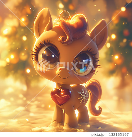 Cute pony with large eyes standing in snow near decorated trees during winter holiday season 132165197