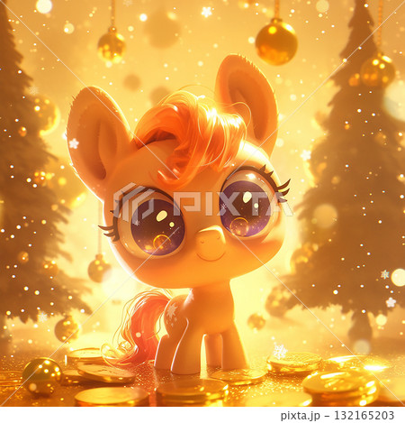 Cute pony stands among golden coins and festive decorations during a warm holiday gathering in a cozy setting Cute pony stands among golden coins and festive decorations during a warm holiday gathering in a cozy setting 132165203