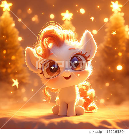 Cute fluffy character with large eyes smiling amidst glowing stars and trees during a festive evening in a cozy atmosphere Cute fluffy character with large eyes smiling amidst glowing stars and trees during a festive evening in a cozy atmosphere 132165204