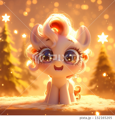 Cute cartoon pony with big eyes and stars in a dreamy winter setting surrounded by trees Cute cartoon pony with big eyes and stars in a dreamy winter setting surrounded by trees 132165205