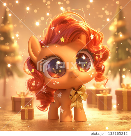 Cute pony character with curly orange hair surrounded by sparkling lights and holiday gifts in a festive setting 132165212