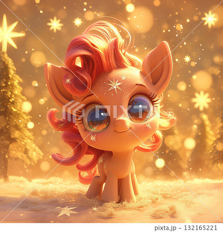 Cute pony with sparkling eyes stands in snowy landscape surrounded by twinkling stars and Christmas trees 132165221
