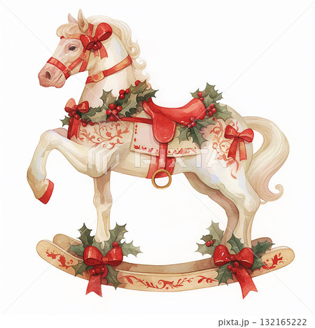Decorative rocking horse with festive details for holiday celebrations and children's joy Decorative rocking horse with festive details for holiday celebrations and children's joy 132165222