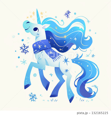 Cheerful unicorn prancing in the snow with a blue scarf during wintertime fun 132165225
