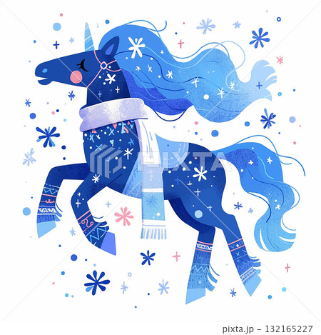 Colorful blue unicorn prancing with a scarf in a whimsical winter wonderland setting 132165227