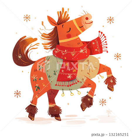 Happy horse wearing a colorful scarf dances joyfully in a festive winter scene with snowflakes 132165251