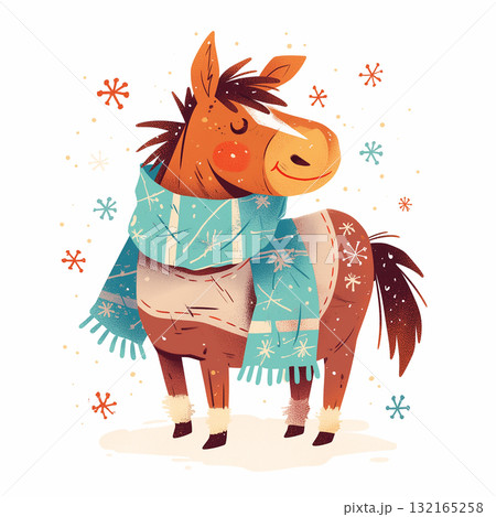 Cute horse wearing a blue scarf in a snowy landscape during winter season Cute horse wearing a blue scarf in a snowy landscape during winter season 132165258