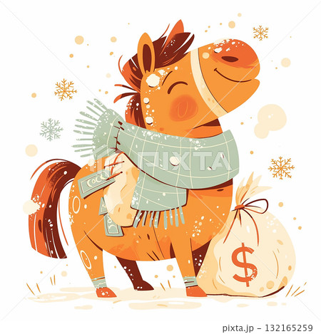 Happy horse wears a scarf and stands near a bag of money during a snowy winter scene 132165259