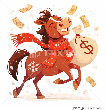 Happy horse in a festive scarf carrying a bag of money with flying dollar bills during a joyful holiday celebration Happy horse in a festive scarf carrying a bag of money with flying dollar bills during a joyful holiday celebration 132165260