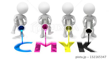 3D cartoon characters with CMYK buckets with paint 3D cartoon characters with CMYK buckets with paint 132165347