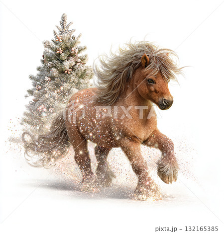 Pony runs through sparkling snow near decorated tree during winter season Pony runs through sparkling snow near decorated tree during winter season 132165385