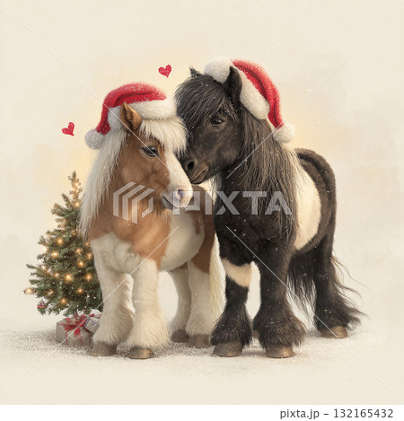 Two cheerful ponies in Santa hats stand together near a decorated Christmas tree and presents, celebrating the holiday season 132165432