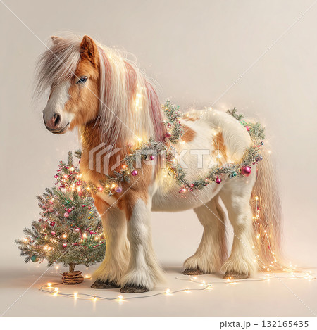 Miniature pony decorated with lights and garland beside a small Christmas tree during the holiday season 132165435