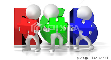 3D RGB cartoon characters holding puzzle pieces 132165451