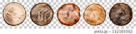 Round wooden tree slice trunk stump wood on transparent background cutout, PNG file. Many assorted different Mockup template for artwork design 132165502