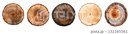 Round wooden tree slice trunk stump wood on transparent background cutout, PNG file. Many assorted different Mockup template for artwork design 132165561