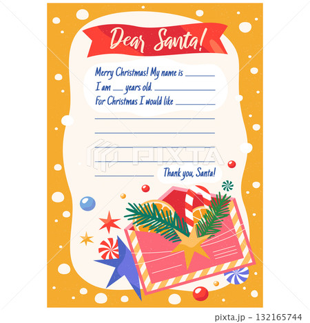 Dear Santa letter template for Christmas or New Year. Vector children or kids mail for presents or gifts. Message to Claus background. Winter holiday wish list backdrop. Xmas holiday card. Page. Dear Santa letter template for Christmas or New Year. Vector children or kids mail for presents or gifts. Message to Claus background. Winter holiday wish list backdrop. Xmas holiday card. Page. 132165744