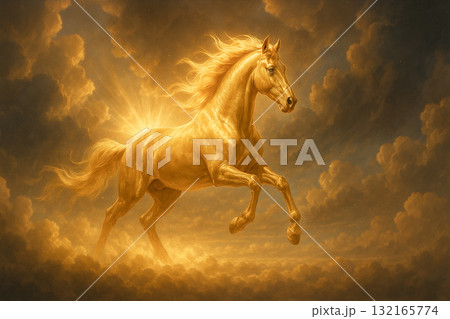 金色の馬が雲間を駆ける幻想的イメージ 金色の馬が雲間を駆ける幻想的イメージ 132165774