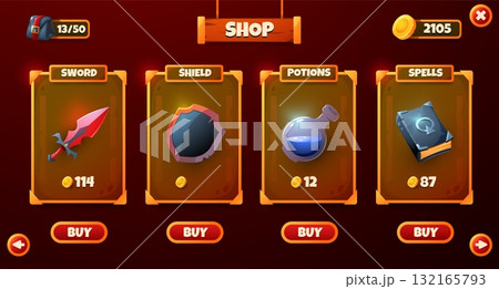 Game shop UI. Wooden frame game store panel with buttons for mobile video game, cartoon interface weapon, armor, potion elements for user menu. Vector concept Game shop UI. Wooden frame game store panel with buttons for mobile video game, cartoon interface weapon, armor, potion elements for user menu. Vector concept 132165793
