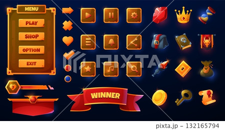 Cartoon game UI. Gaming icons buttons user interface elements, ribbon banners and navigation button set, reward symbols and game menu. Vector modern gaming web app GUI Cartoon game UI. Gaming icons buttons user interface elements, ribbon banners and navigation button set, reward symbols and game menu. Vector modern gaming web app GUI 132165794
