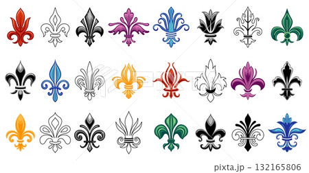 Heraldic lily. Fleur de lis black colored and line icons, french antique emblem logo, traditional decorative coat of arms flowers for heraldry badge design. Vector isolated set 132165806