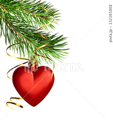 Christmas corner decoration with pine twigs and red heart isolated on white background Christmas corner decoration with pine twigs and red heart isolated on white background 132165808