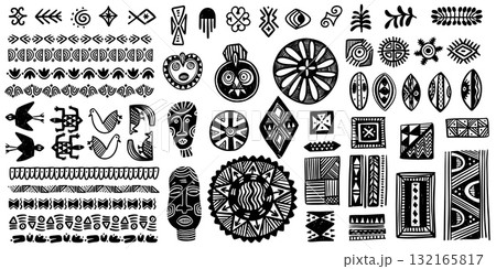 African tribal icon. Abstract geometric ethnic ornamental shapes, ancient tribe art symbols, African folk decorative elements. Vector isolated set 132165817
