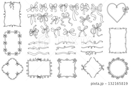 Doodle bows and ribbons. Minimalist decorative elements with bowknot, modern artisan ribbon curly line art frame graphic for card invitation. Vector wedding decoration isolated set 132165819