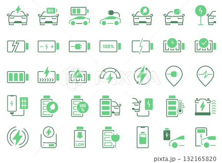 Charging station icons. Electric vehicle charger with battery power level, phone and power bank charge indicators, wireless charging symbols. Vector set 132165820