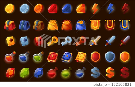Game UI icon. Cartoon fantasy sprite graphic asset, magic energy health power and money resource symbols for video game. Vector isolated set 132165821