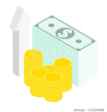 Isometric growth and income from cash investments in shares and bank deposits. Isolated cartoon vector on white background top view 132165886