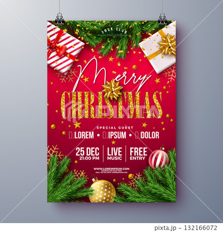 Merry Christmas Party Flyer Design with Glittered Typography Lettering, Glass Ball and Fir Branch on Red Background. Vector Holiday Season Celebration Poster Illustration with Christmas Ornaments for 132166072