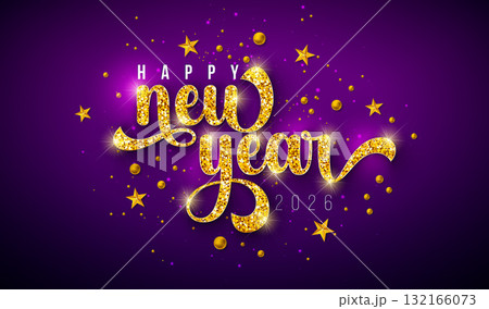 Happy New Year 2026 Greeting Card Illustration with Gold Glittered Typography Lettering and Christmas Stars on Shiny Violet Background. New Year Celebration Holiday Design with Christmas Ornaments for 132166073