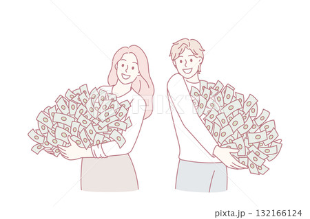 Happy people holding big piles on money banknotes Happy people holding big piles on money banknotes 132166124